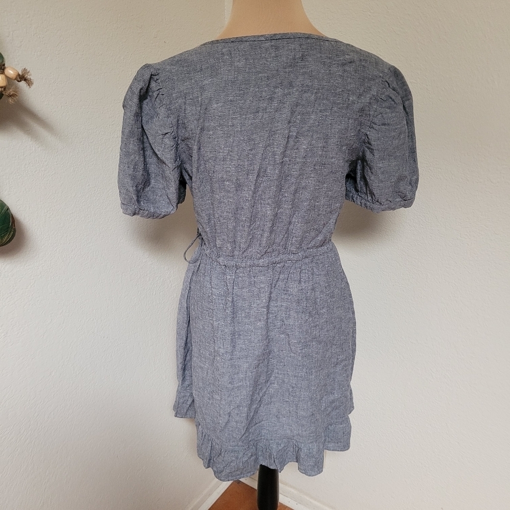 Toad & Co Blue Organic Cotton Scoop Neck Dress with Faux Wrap skirt and Ruffle - Picture 7 of 7